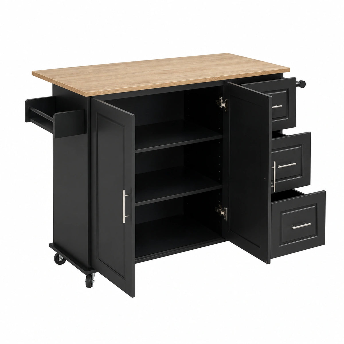 Black extendable kitchen cart with drawers from neltrava, ideal for dining rooms and kitchens, featuring a sleek, functional design.