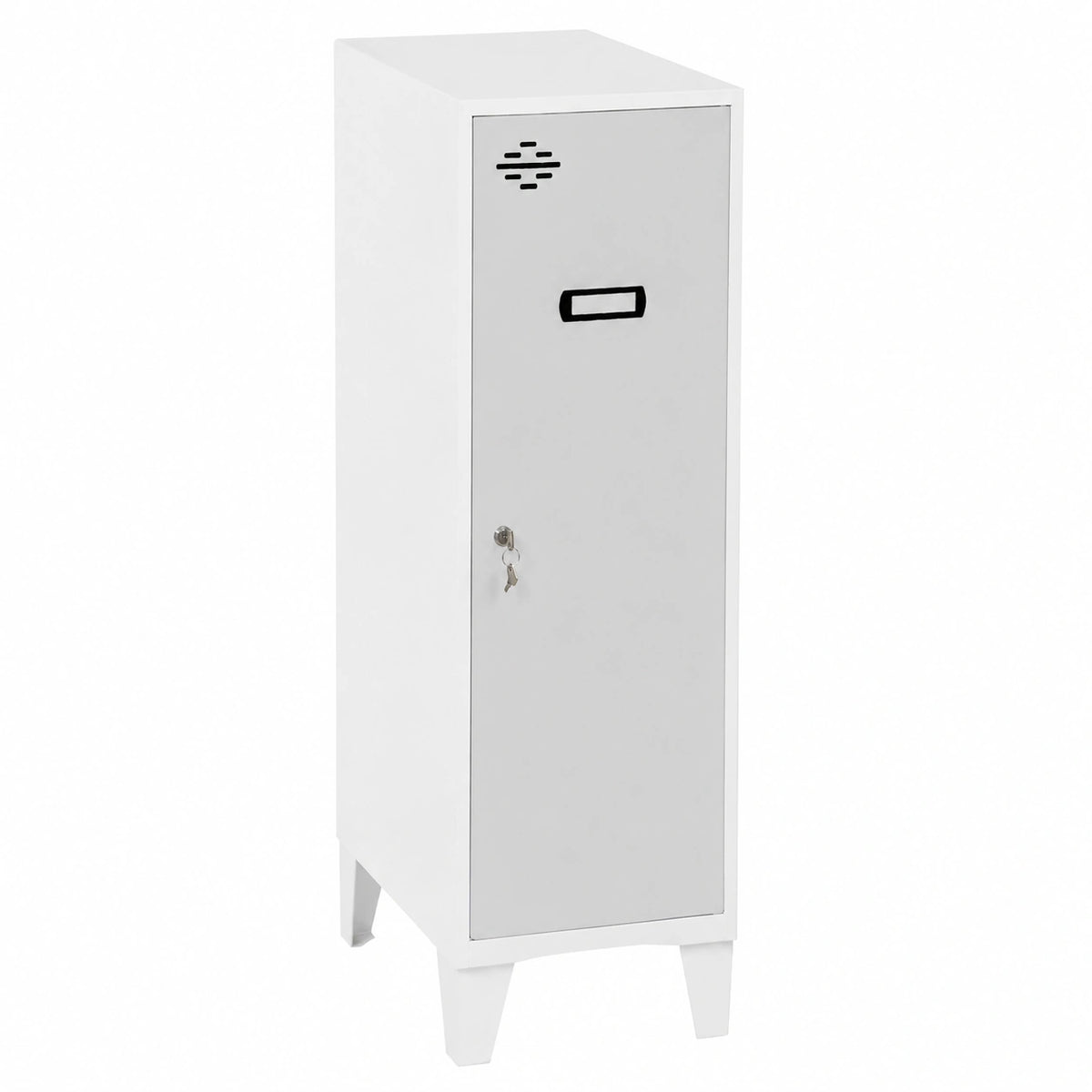 Gray metal storage cabinet by neltrava, ideal for home organization and workshop storage, with multiple compartments.