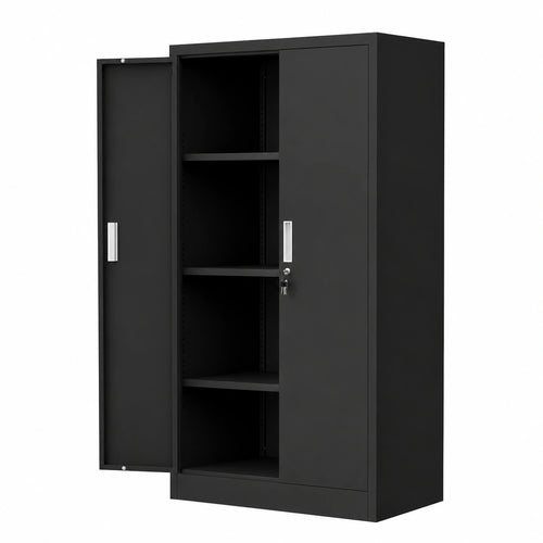 Black metal filing cabinet, 136x80x40 cm, ideal for kitchen, household, and office storage, by neltrava.