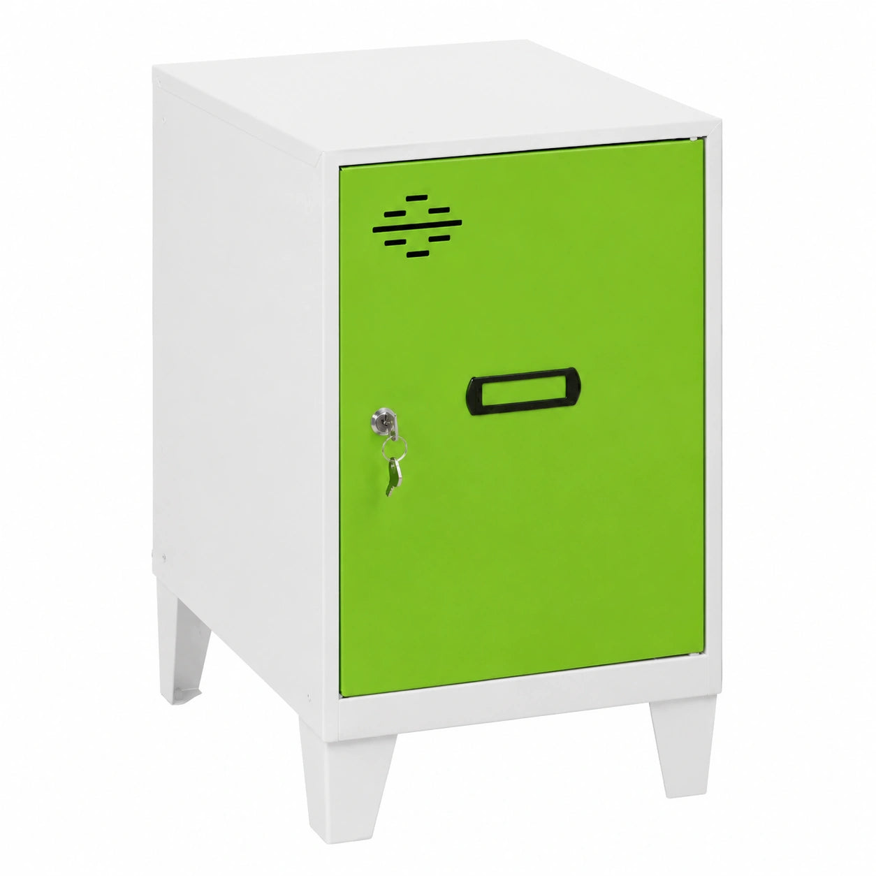 Green metal storage cabinet from neltrava, ideal for home organization and warehouse use, measures 575 x 400 x 500 cm.