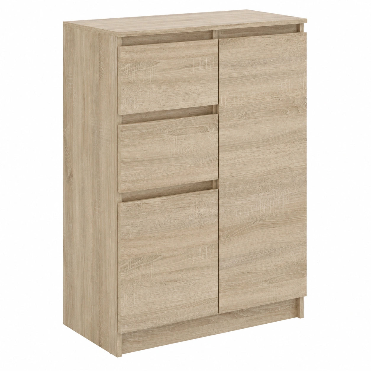 Neltrava oak wood sideboard with 3 drawers and multiple doors, ideal for living room, bedroom, or office storage.