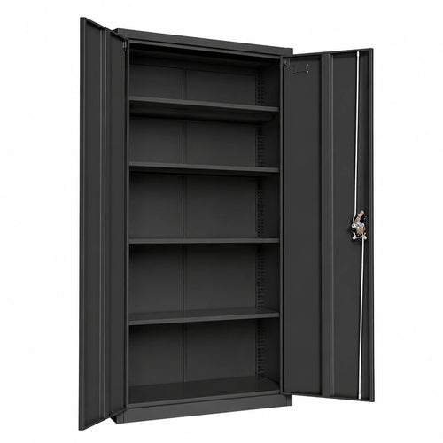 Black Neltava office filing cabinet with multiple doors and shelves, measuring 90x40x185 cm, suitable for office storage.