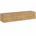 Neltava 160 cm TV cabinet in modern kitchen and living room setting, wooden finish with open and closed storage compartments.