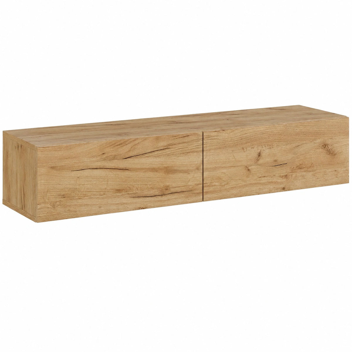 Neltava 160 cm TV cabinet in modern kitchen and living room setting, wooden finish with open and closed storage compartments.