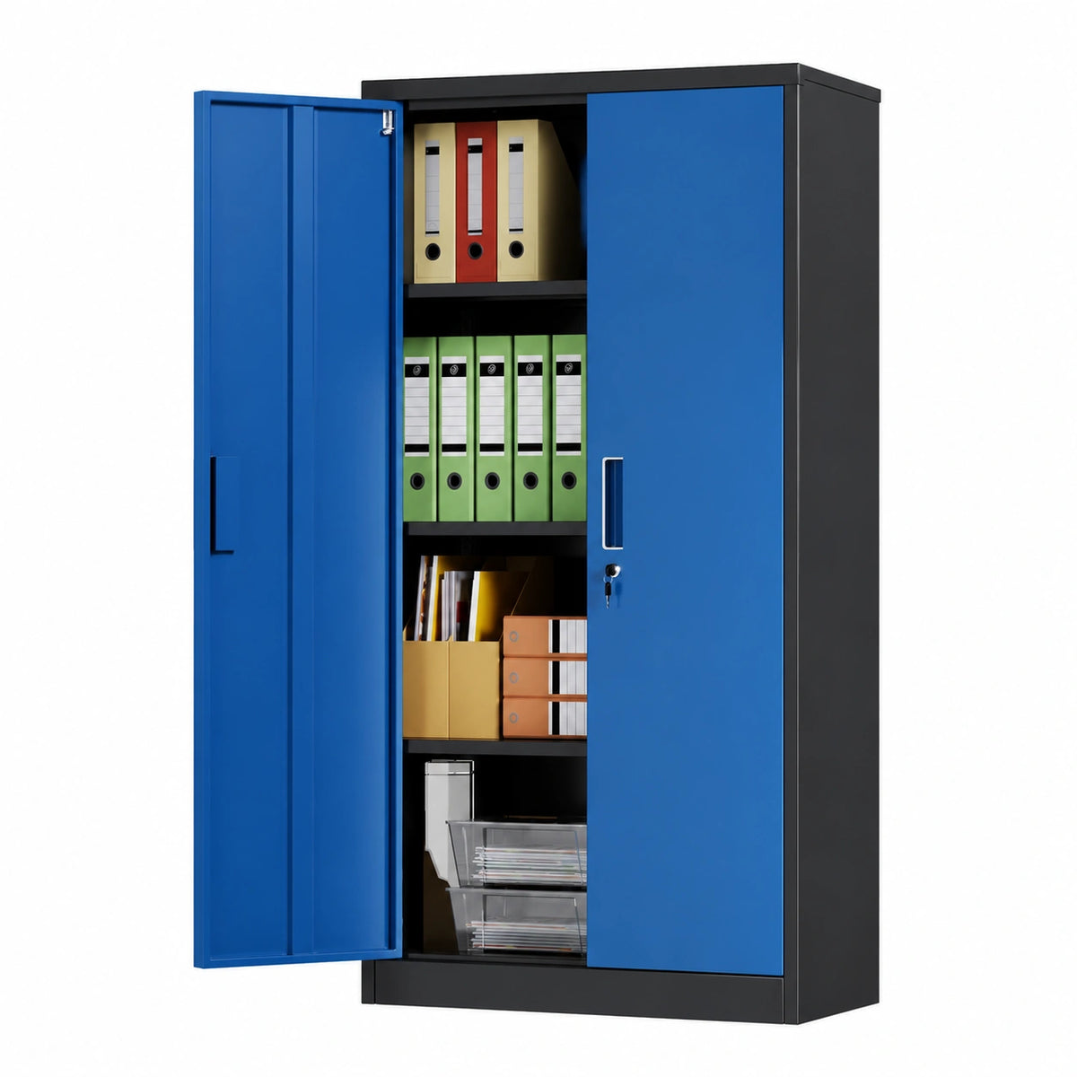 Adjustable black and blue storage cabinet by neltrava, ideal for organizing office or home files and supplies.