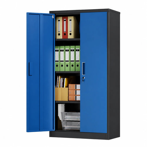Adjustable black and blue storage cabinet by neltrava, ideal for organizing office or home files and supplies.