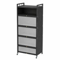 Black metal kitchen cabinet on wheels by neltrava, ideal for kitchen, dining room, or living room storage and organization.