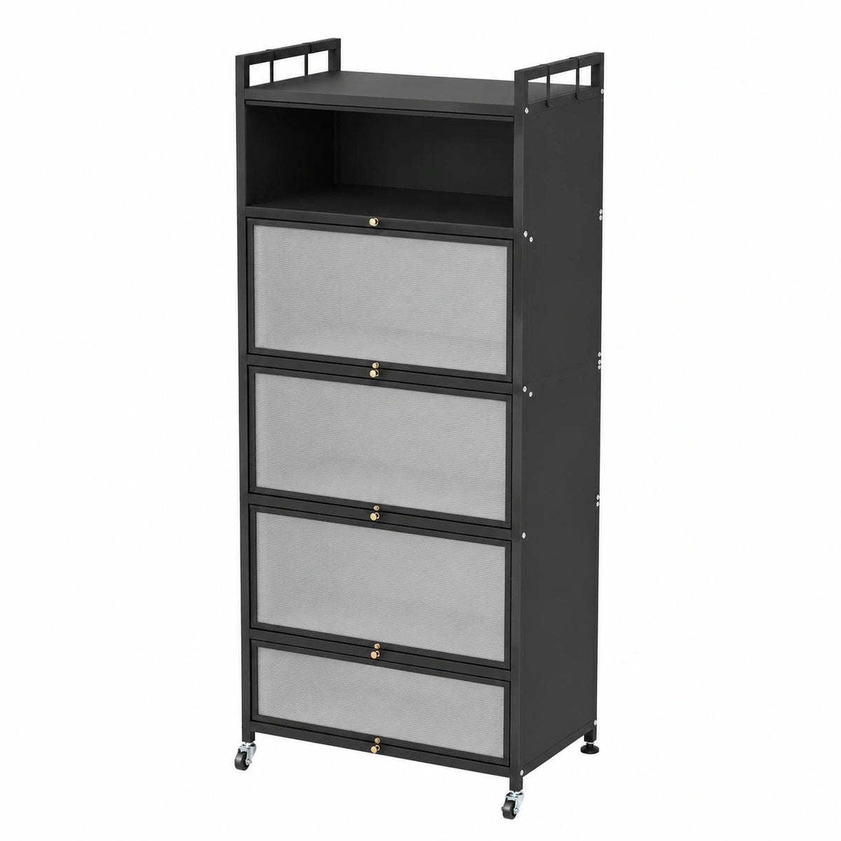 Black metal kitchen cabinet on wheels by neltrava, ideal for kitchen, dining room, or living room storage and organization.