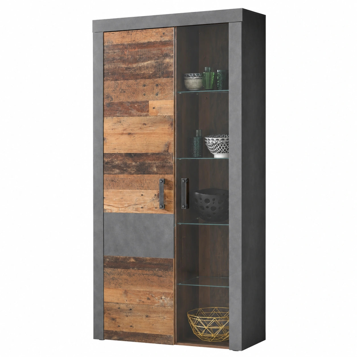 Neltrava grey wooden kitchen cabinet with multiple doors and shelves, measuring 87x189x34 cm, made from oak wood.