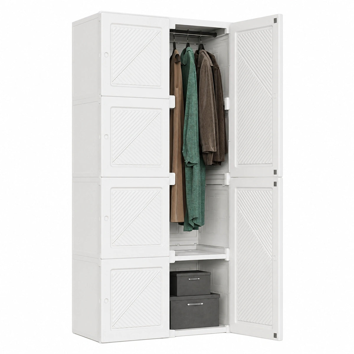 White Neltava wardrobe with multiple doors, measuring 170x69x50 cm, ideal for kitchen, household, and living room storage.
