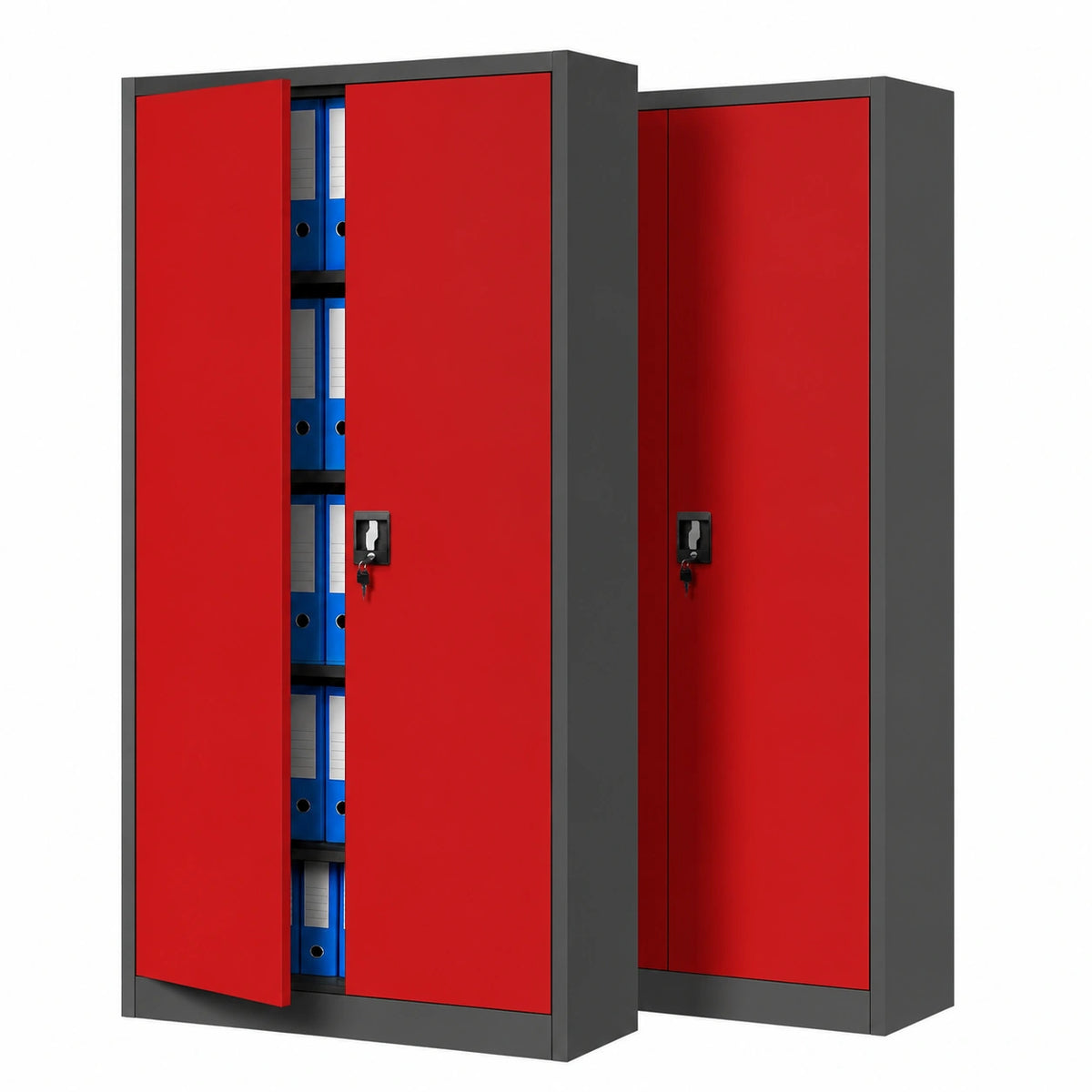 Neltrava 2er Metallschrank-Set in Anthrazit und Rot, 185x90x40cm, with multiple doors for storage and home organization.