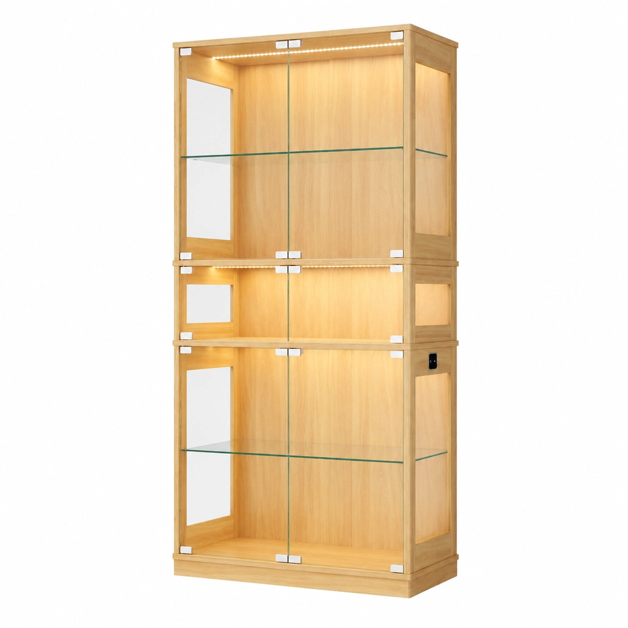 Neltrava glass display cabinet with LED lighting, oak wood and glass, ideal for living room, bedroom, or office storage.