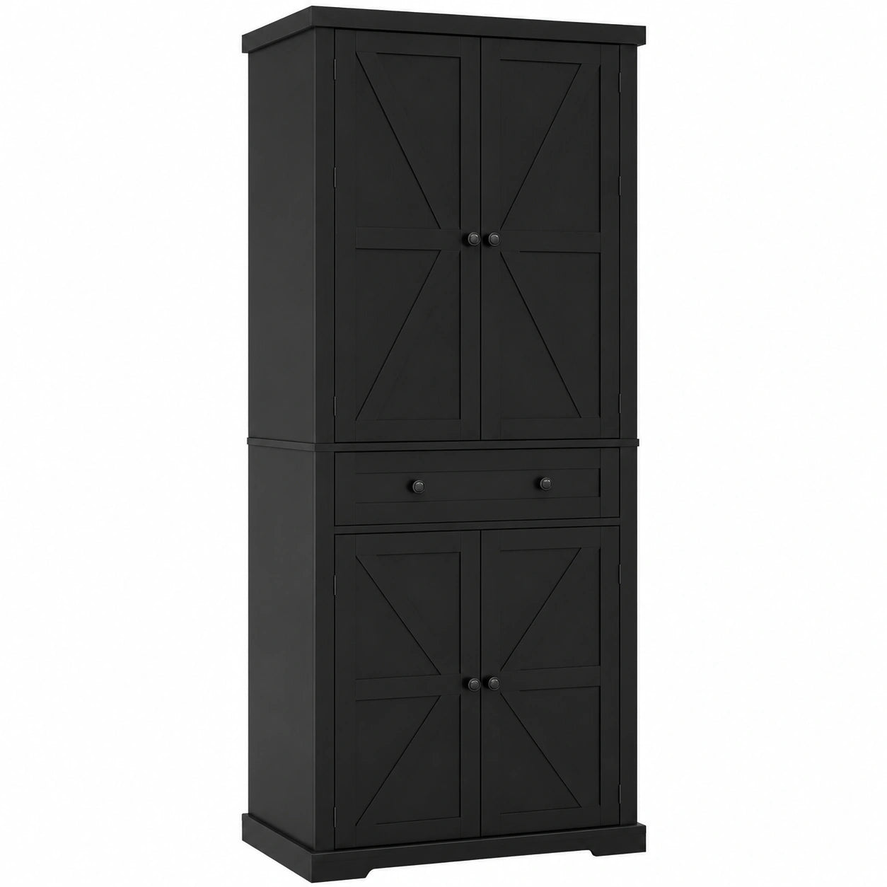Neltrava black freestanding kitchen cabinet with drawers and multiple doors, 184 cm tall, ideal for dining room and kitchen storage