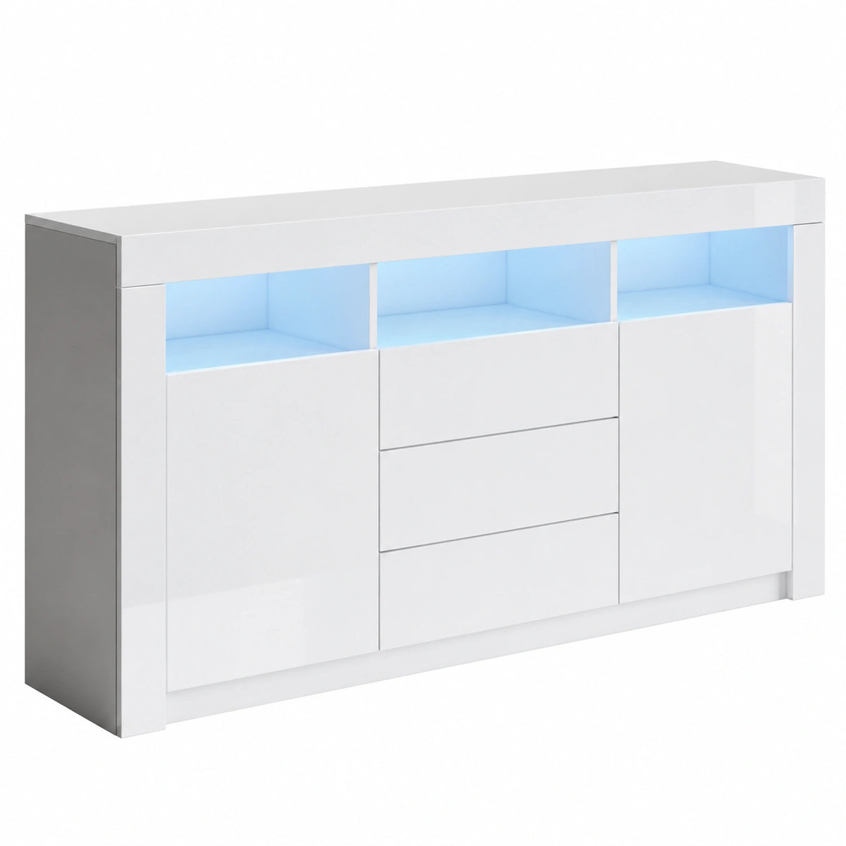 Neltrava modern 160 cm kitchen sideboard with LED lighting, drawers, and multiple doors for dining room or kitchen storage.
